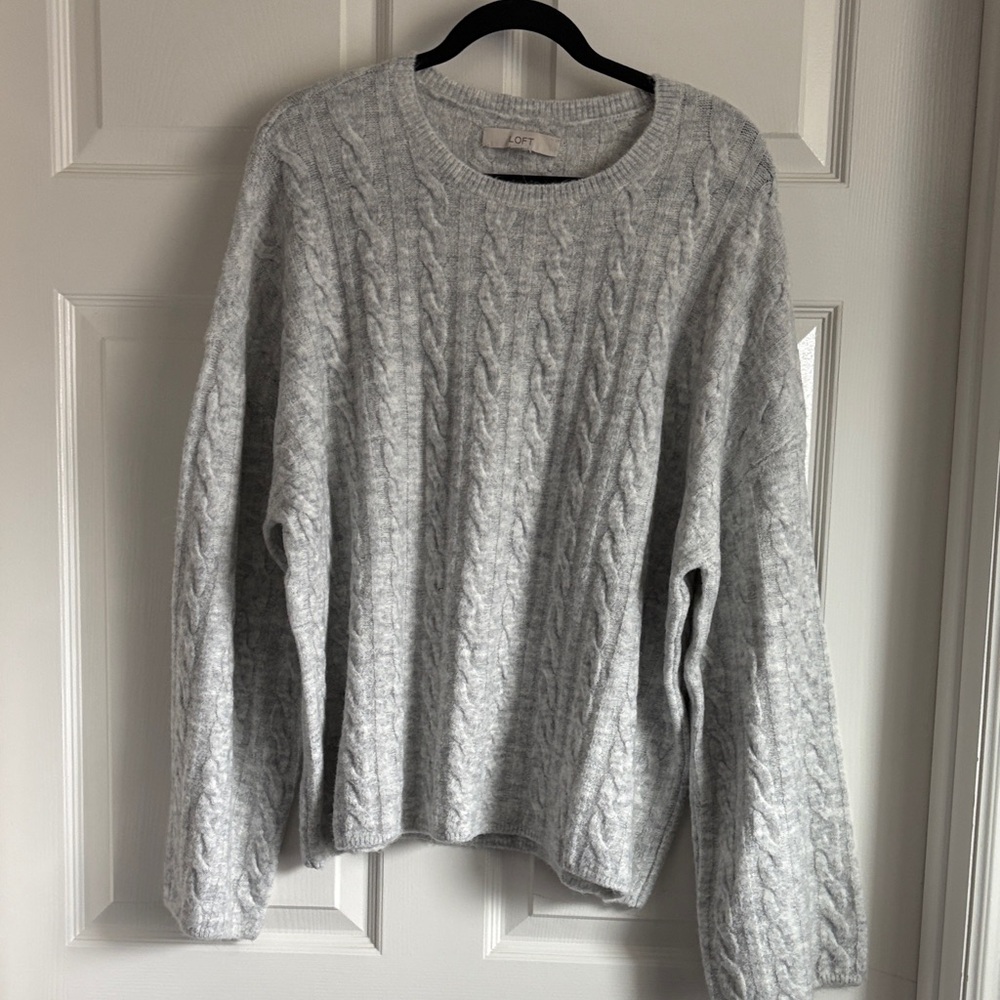LOFT Light Gray Wide Sleeve Cable-Knit Crewneck Sweater